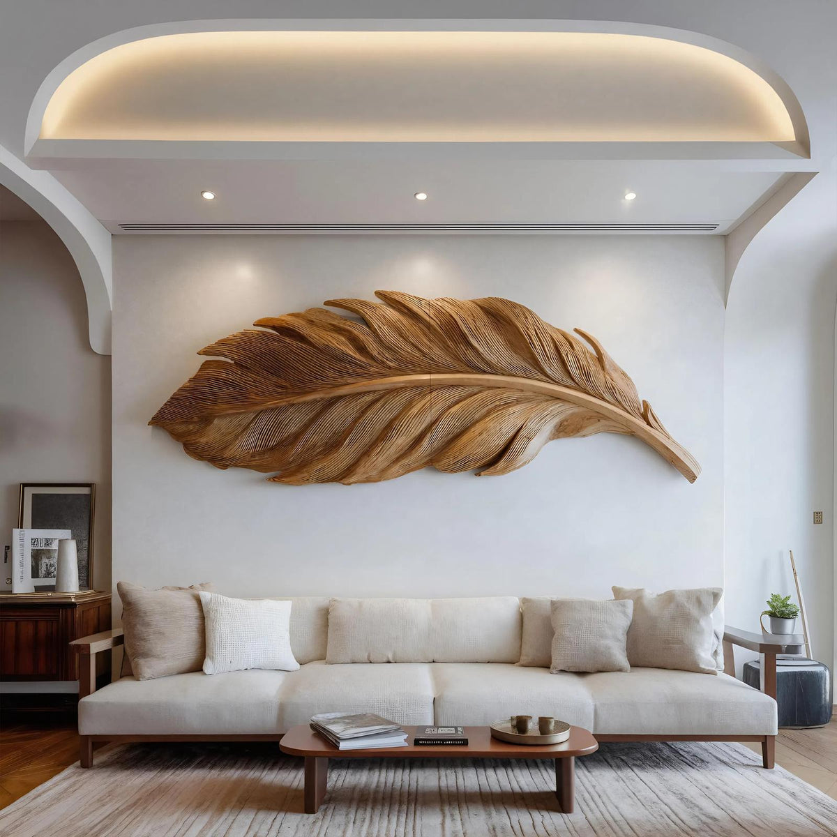 Modern Feather Wall Art, 3D Hand-Carved Wooden Feather Sculpture Panel for Living Room & Bedroom Wall Decor