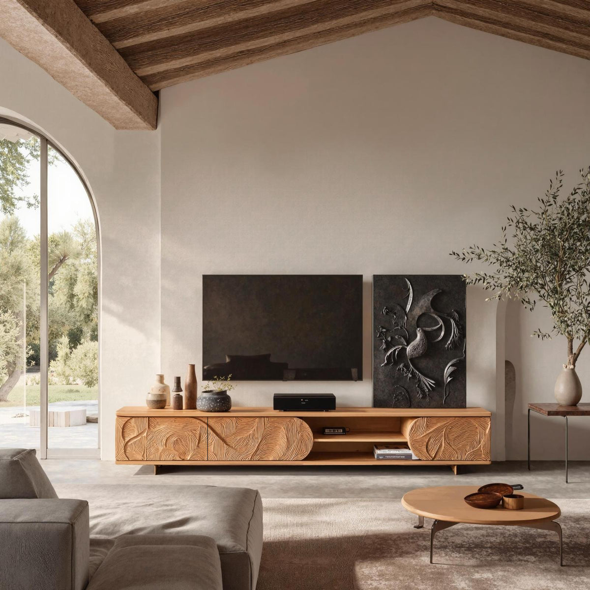 Mid Century Solid Wood TV Stand, Retro Handcrafted Media Console Cabinet & Entertainment Center for Living Room