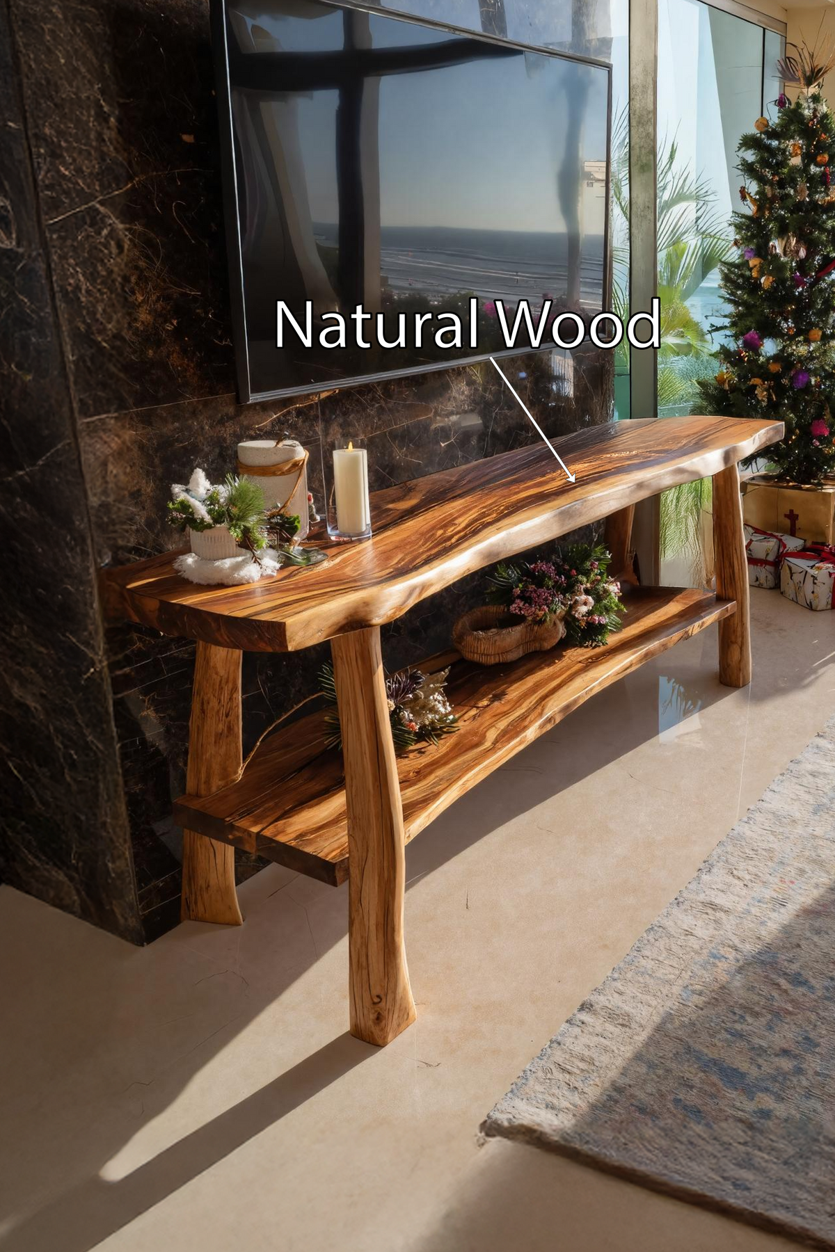 Mid-Century Wooden Live Edge TV Console, Solid Wood Entertainment Center Media Stand for Living Room
