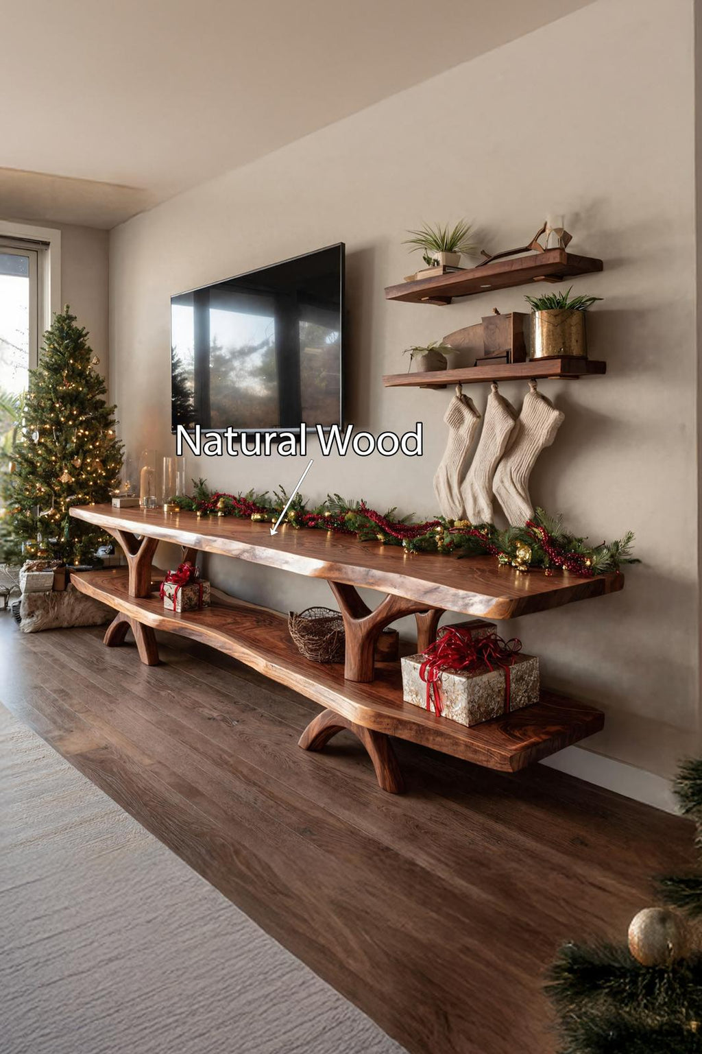 Modern Live Edge TV Console, Solid Wood Media Stand & Entryway Credenza for Bedroom & Living Room