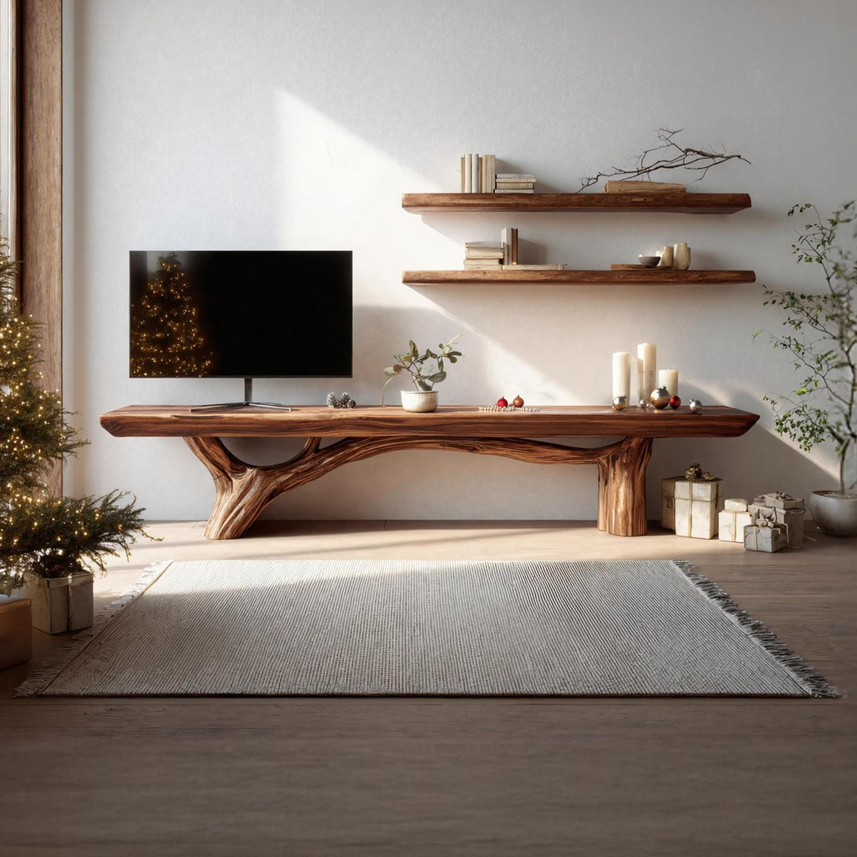 Mid Century Live Edge TV Console, Solid Wood Media Stand & Entryway Credenza for Modern Home