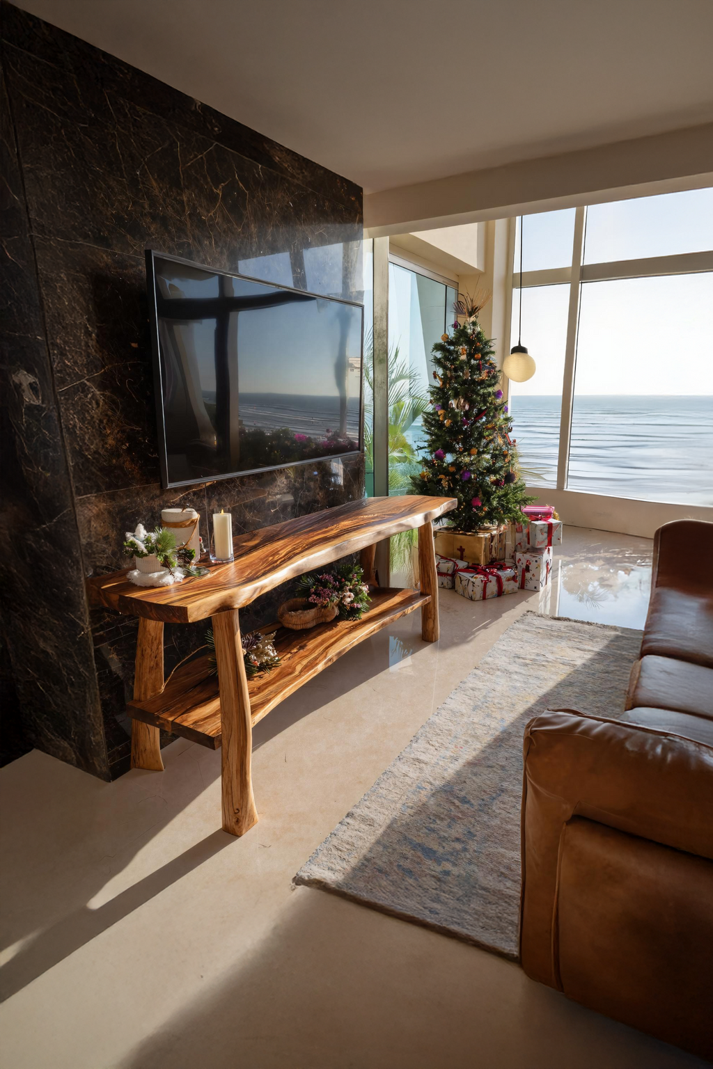 Mid-Century Wooden Live Edge TV Console, Solid Wood Entertainment Center Media Stand for Living Room