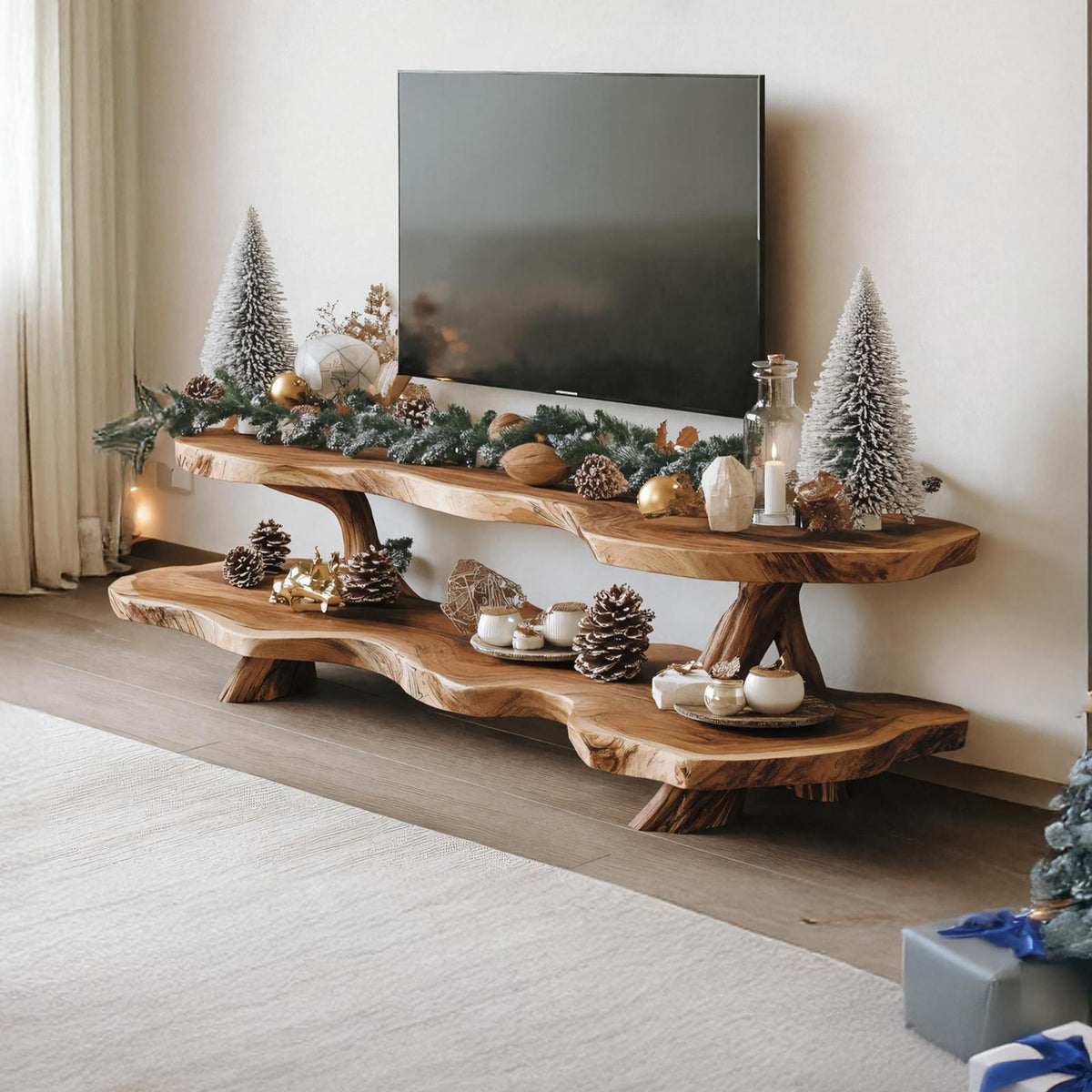 Mid Century Live Edge TV Console, Solid Wood Media Stand & Entryway Credenza for Living Room
