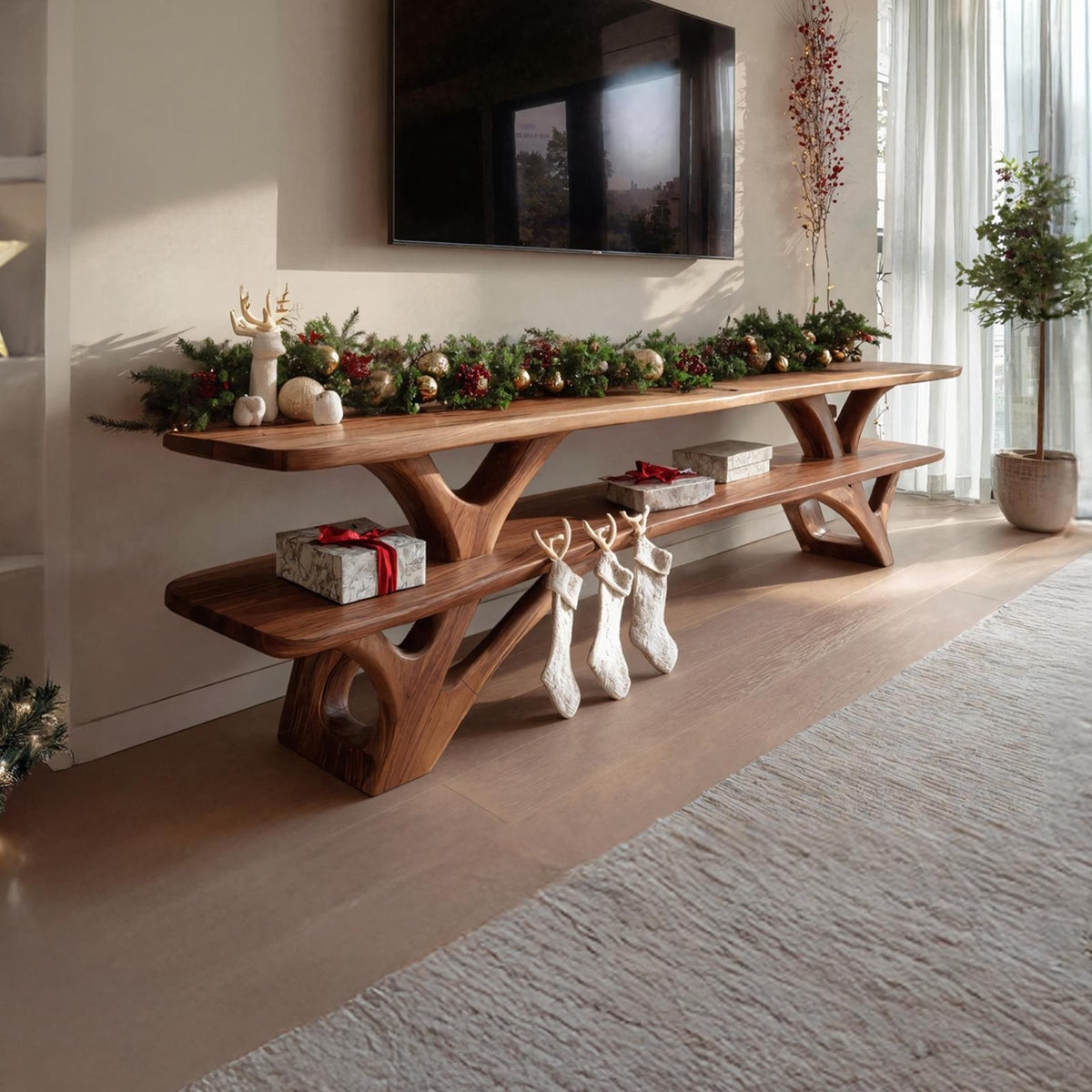 Farmhouse Solid Wood TV Console, Live Edge Media Stand & Entryway Credenza for Living Room