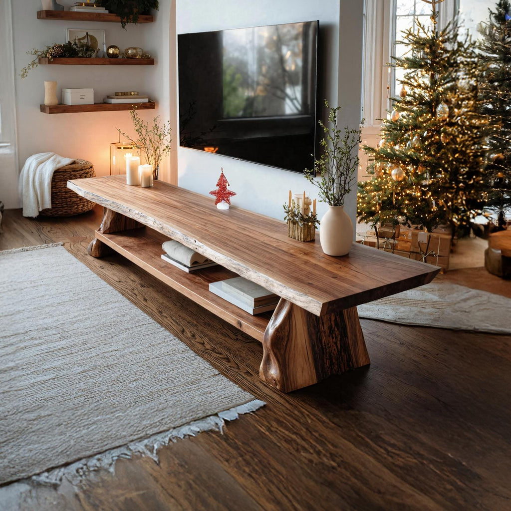 Mid Century Live Edge TV Console, Solid Wood Media Stand & Entertainment Center for Living Room