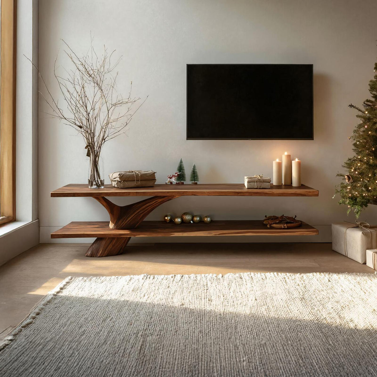 Mid Century Solid Wood TV Console, Live Edge Media Stand & Entertainment Center for Living Room