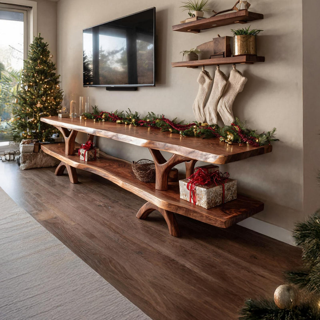 Modern Live Edge TV Console, Solid Wood Media Stand & Entryway Credenza for Bedroom & Living Room