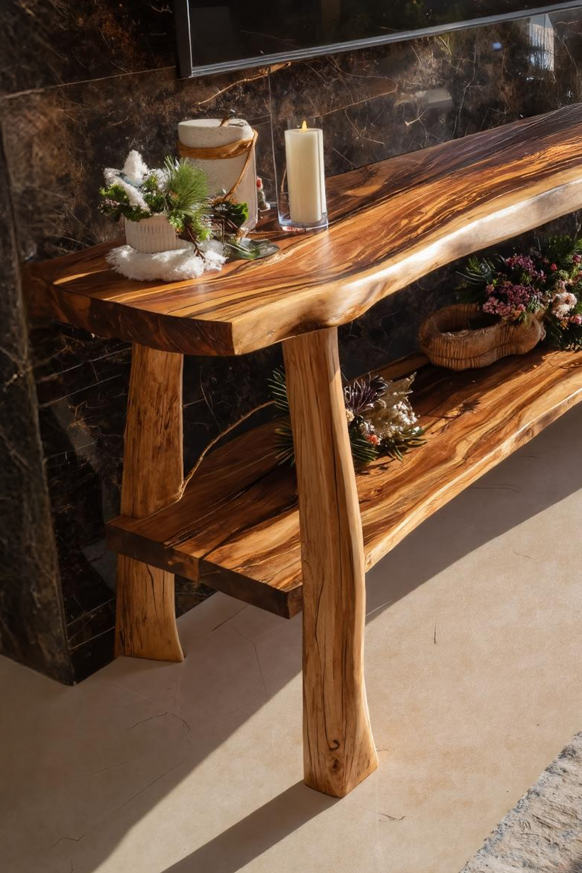 Mid-Century Wooden Live Edge TV Console, Solid Wood Entertainment Center Media Stand for Living Room