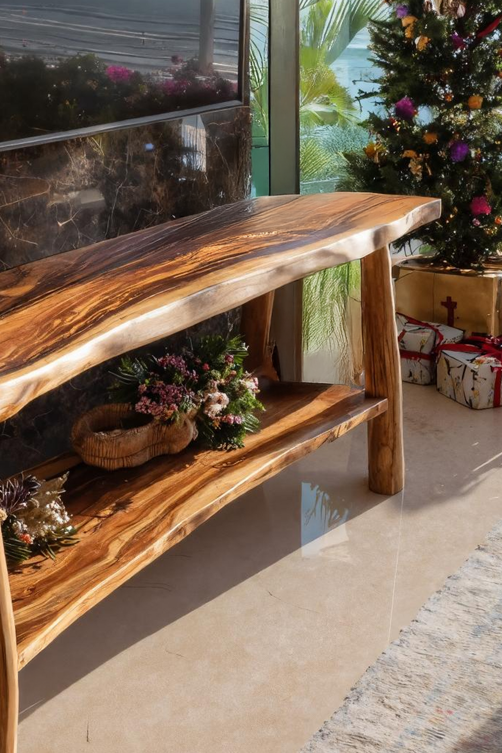Mid-Century Wooden Live Edge TV Console, Solid Wood Entertainment Center Media Stand for Living Room