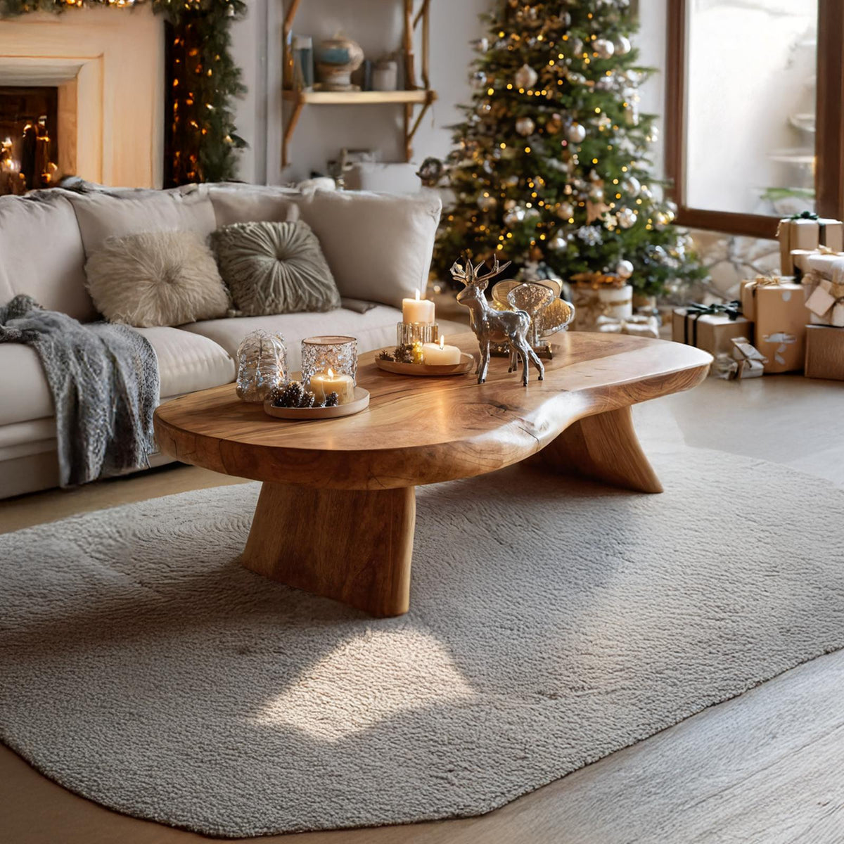 Spry Interior Handcrafted Rustic Solid Wood Coffee Table, Natural Edge Wooden Center Table, Mid-Century Modern Living Room Accent SILDTTRCCF013