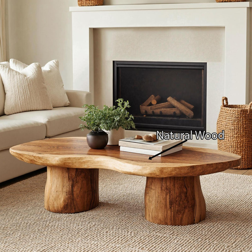 Rustic Farmhouse Wood Coffee Table, Handcrafted Solid Wood Live Edge Center Table for Living Room