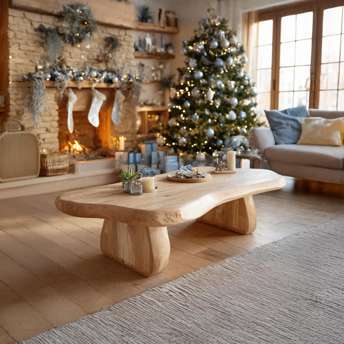 Spry Interior Rustic Farmhouse Solid Wood Coffee Table, Handcrafted Live Edge Slab Accent Table for Living Room, SILDTTRCCF031