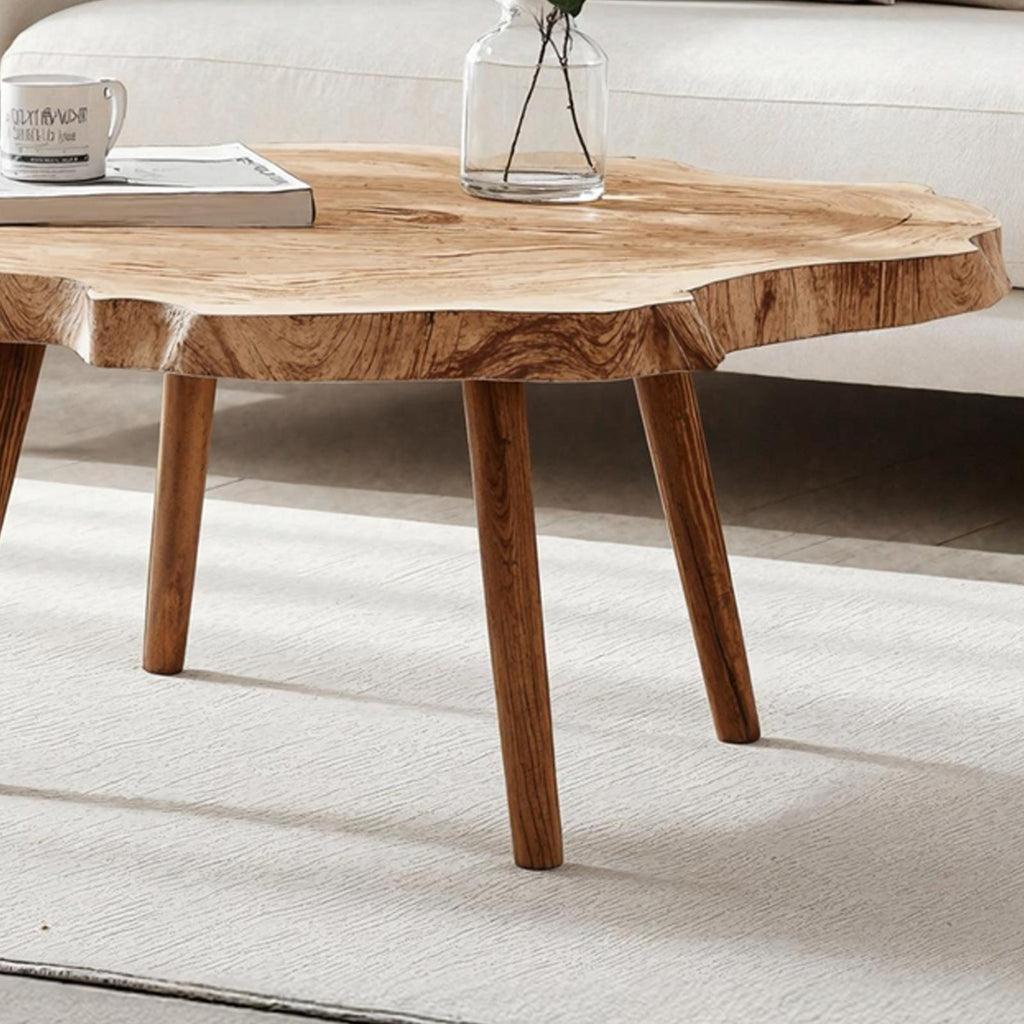 Rustic Solid Wood Coffee Table, Handcrafted Natural Slab Low Center Table for Boho Home Living Room Styling