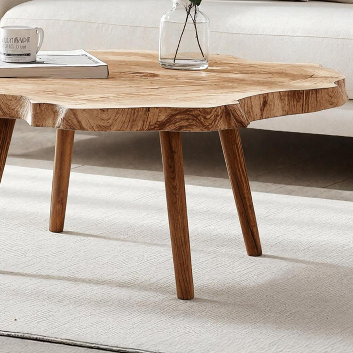 Rustic Solid Wood Coffee Table, Handcrafted Natural Slab Low Center Table for Boho Home Living Room Styling