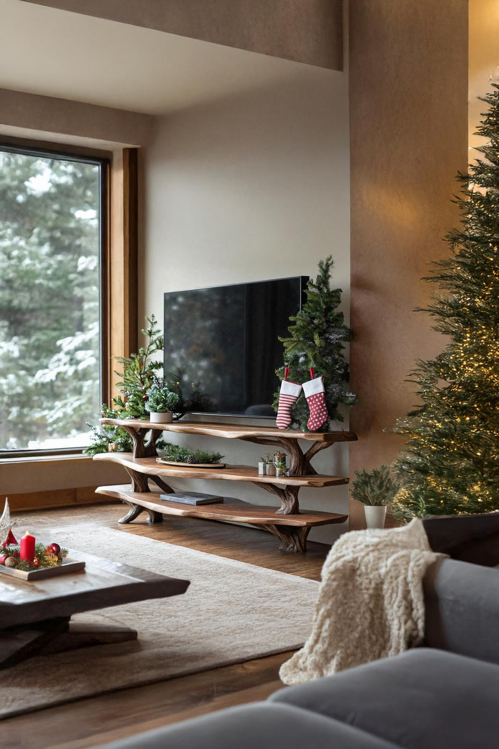 Modern Solid Wood TV Console, Live Edge Media Stand & Entryway Credenza for Living Room