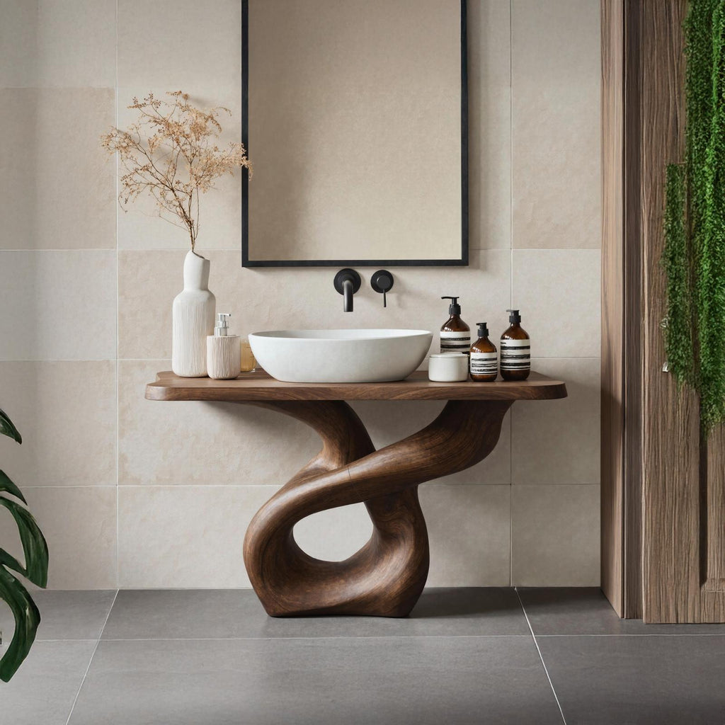 Handcrafted Solid Wood Bathroom Vanity, Unique Single Sink Cabinet Storage Console for Artistic Bath Style