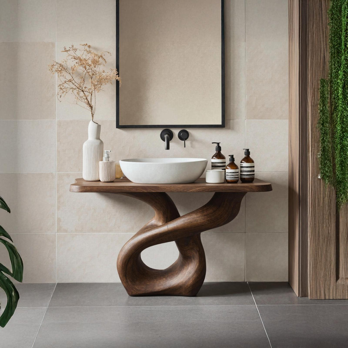 Handcrafted Solid Wood Bathroom Vanity, Unique Single Sink Cabinet Storage Console for Artistic Bath Style