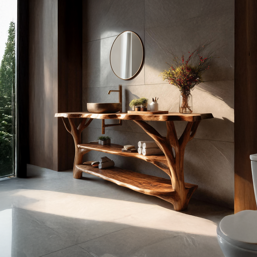 Farmhouse Live Edge Bathroom Vanity, Solid Wood Slab Sink Console Table for Rustic Bathroom Remodel