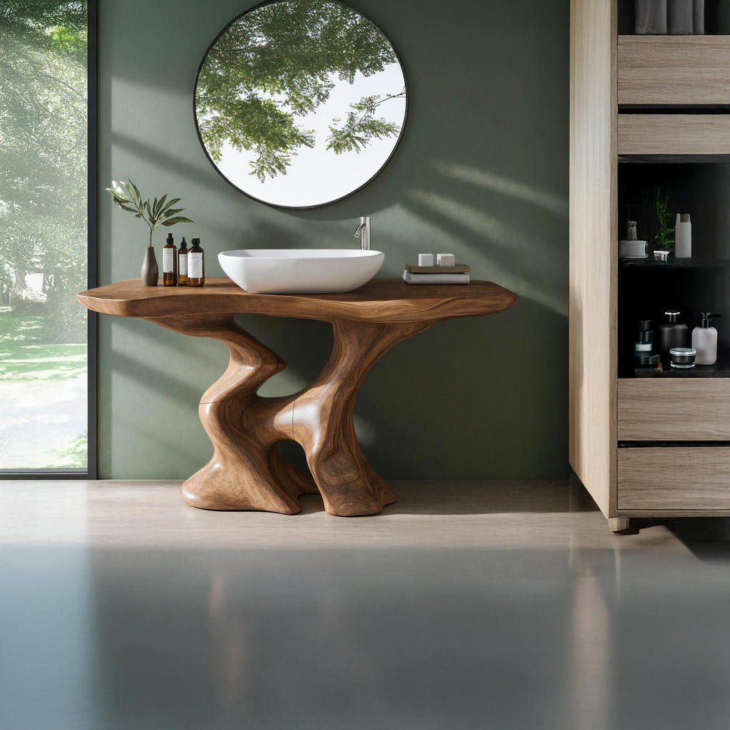 Mid Century Solid Wood Bathroom Vanity, Single Sink Storage Cabinet Console Unit for Minimalist Bathrooms