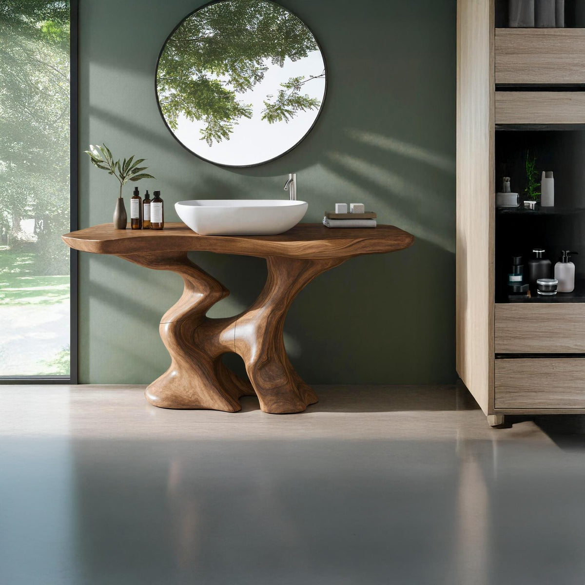 Mid Century Solid Wood Bathroom Vanity, Single Sink Storage Cabinet Console Unit for Minimalist Bathrooms