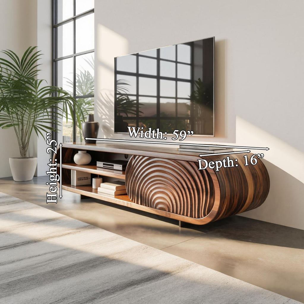 Modern Rounded Wood TV Stand With Sculpted Doors For Living Room