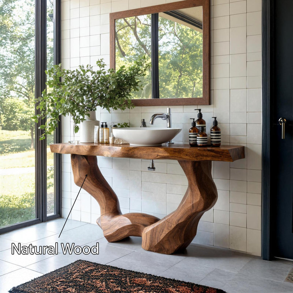 Mid Century Solid Wood Bathroom Vanity, Single Sink Console Storage Cabinet for Natural Furniture Decor
