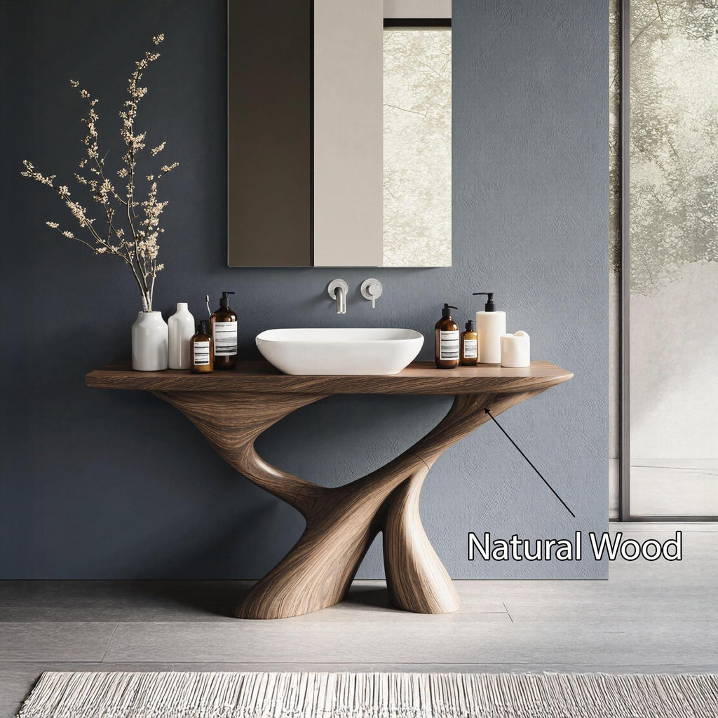 Mid Century Live Edge Solid Wood Bathroom Vanity, Single Sink Console Storage Cabinet Unit for Bath Decor