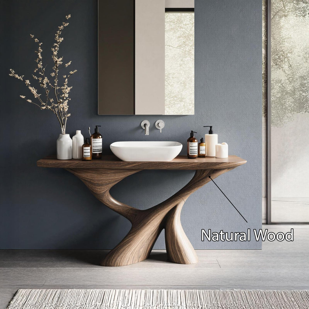 Mid Century Live Edge Solid Wood Bathroom Vanity, Single Sink Console Storage Cabinet Unit for Bath Decor