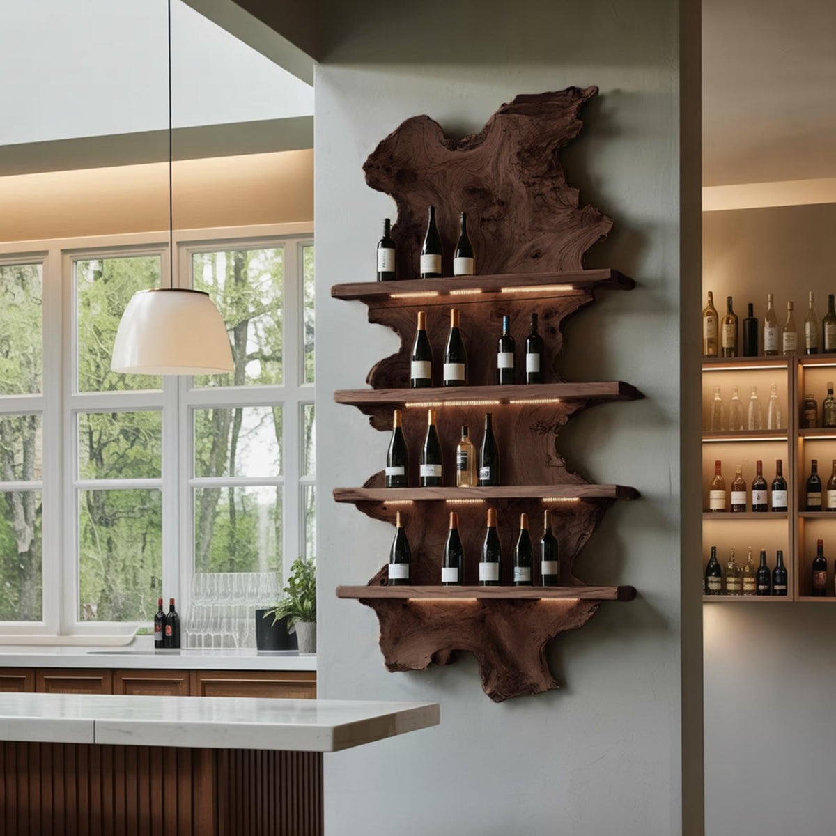 Mid Century Live Edge Wooden Wine Holder, Handcrafted Solid Wood Bottle Display Stand for Bar