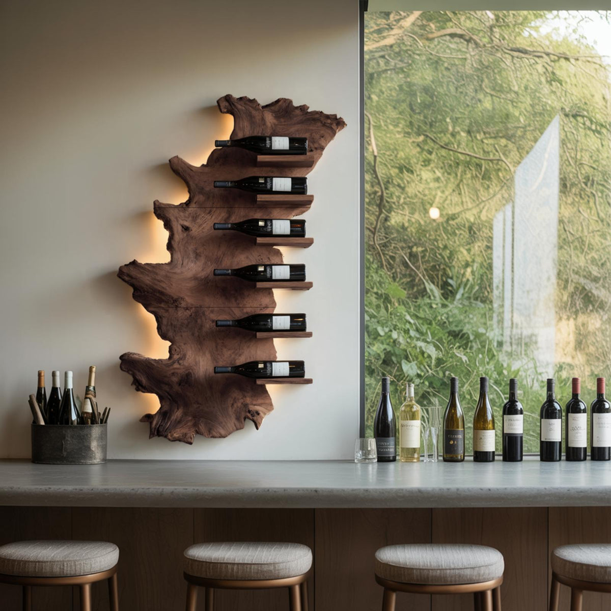 Handcrafted Live Edge Wooden Wine Holder, Rustic Solid Wood Bottle Storage Shelf for Bar Display