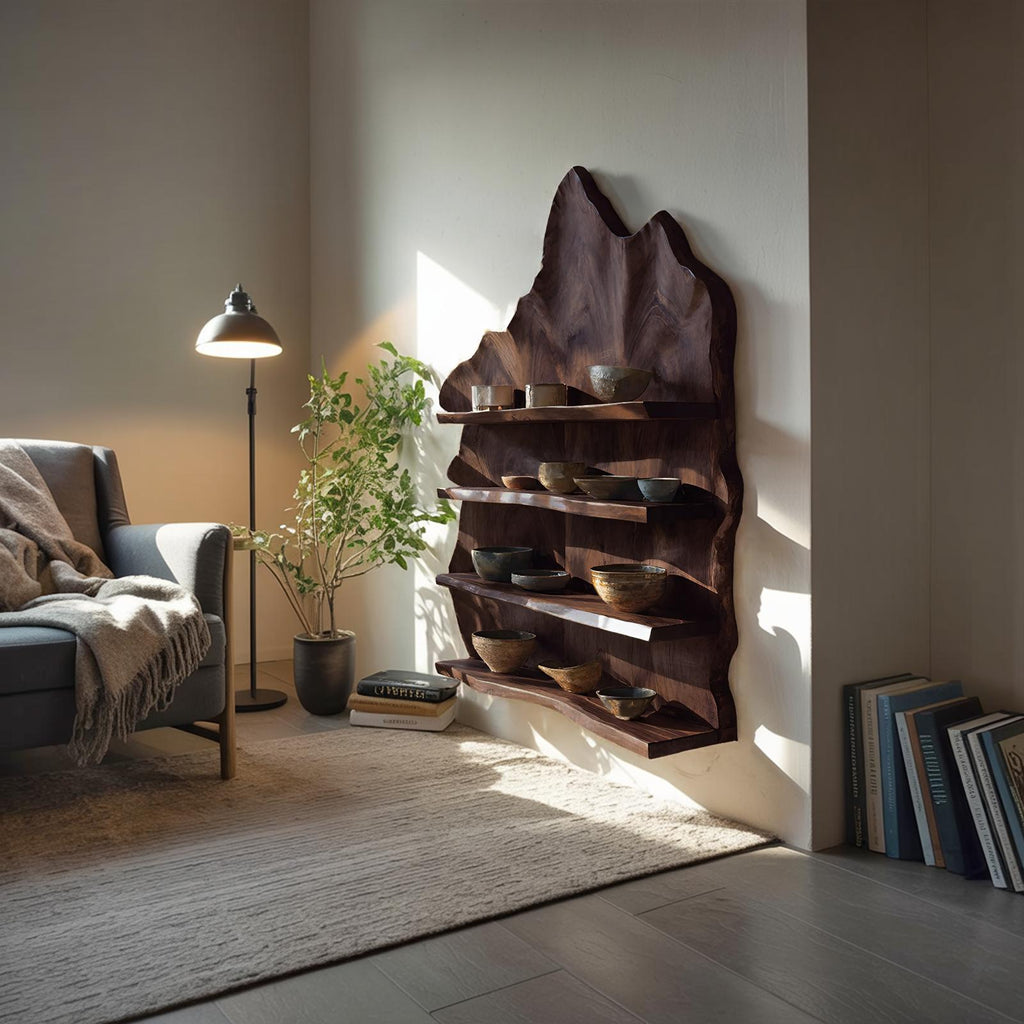 Industrial Live Edge Floating Shelf, Rustic Solid Wood Wall Mounted Storage Rack for Living Room