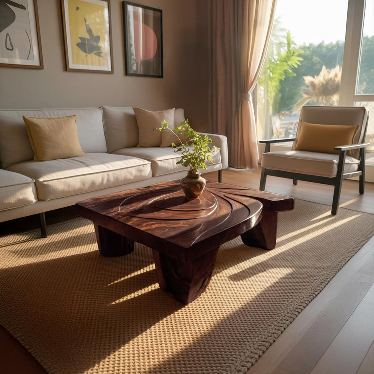 Spry Interior Mid Century Abstract Solid Wood Coffee Table, Handcrafted Wooden Accent Center Table for Living Room, SILDTTRCF070