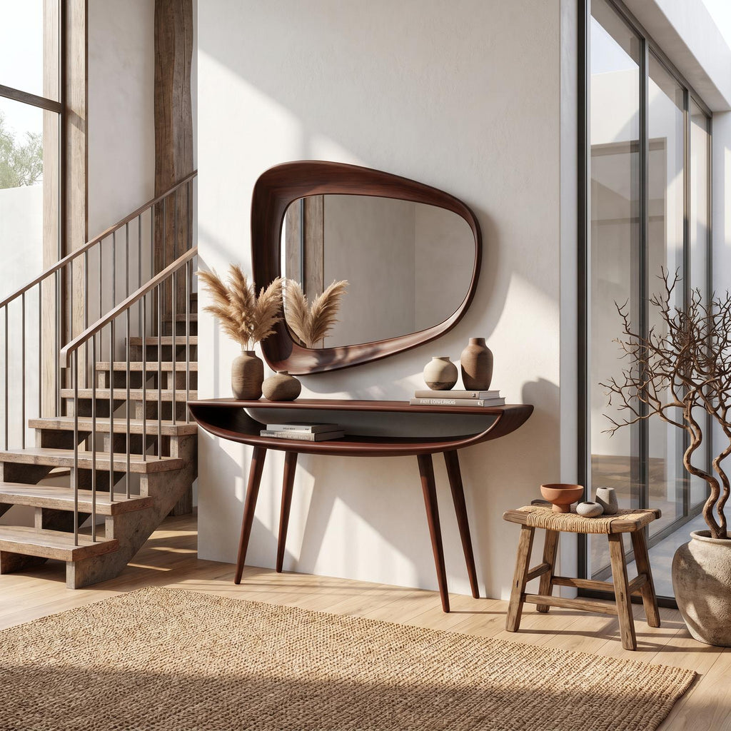 Mid-Century Curved Console Table, Solid Wood Modern Entryway Table, Minimalist Bedroom Accent Table