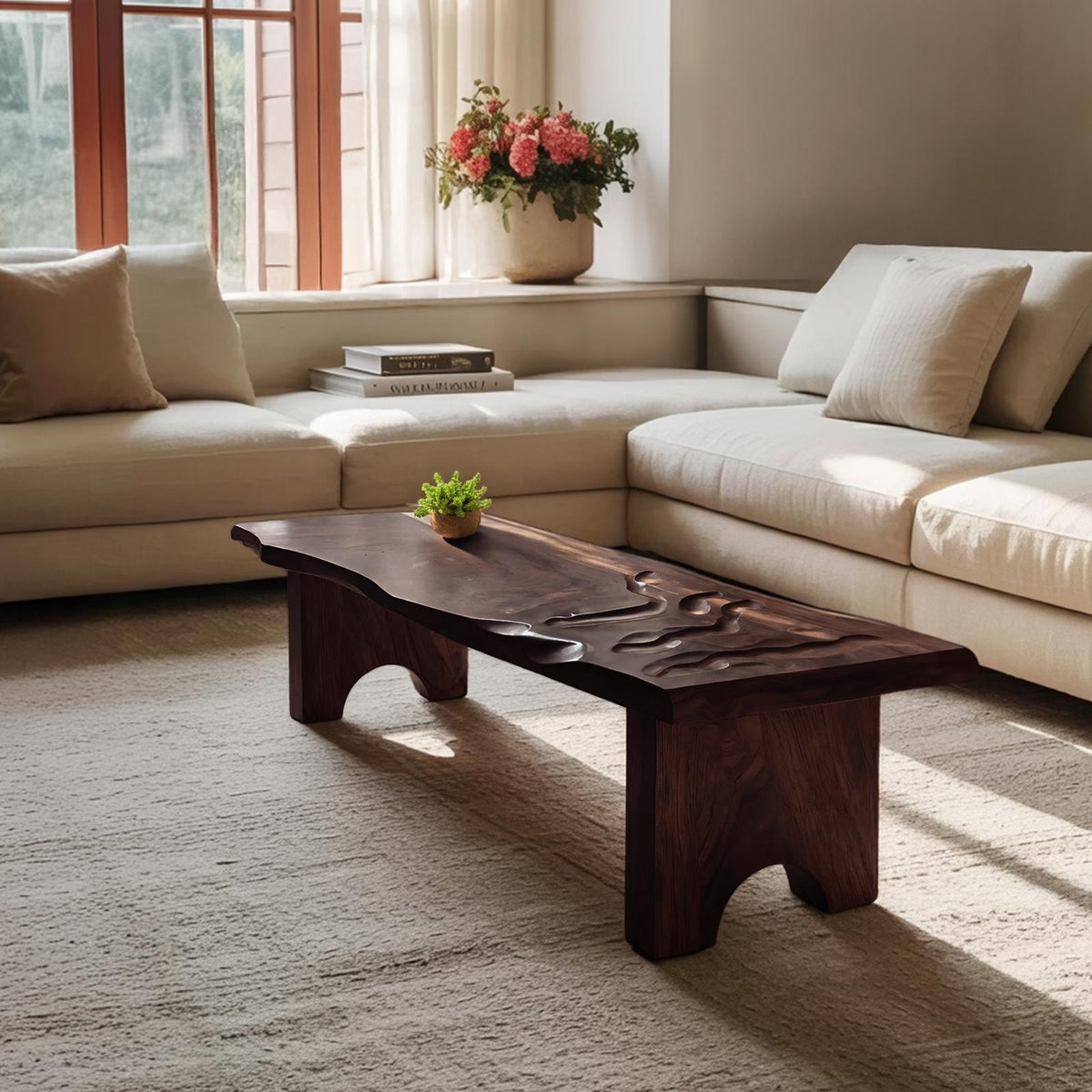 Mid Century Modern Abstract Solid Wood Coffee Table, Unique Handcrafted Organic Shaped Low Center Table for Living Room Entryway, SILDTTRCF097