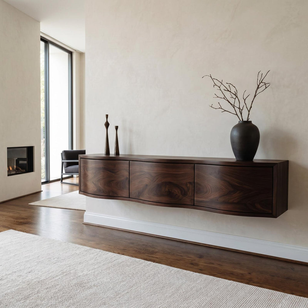 Modern Floating TV Stand Console, Handcrafted Wall Mounted Wooden Media Entertainment Shelf for Home Decor