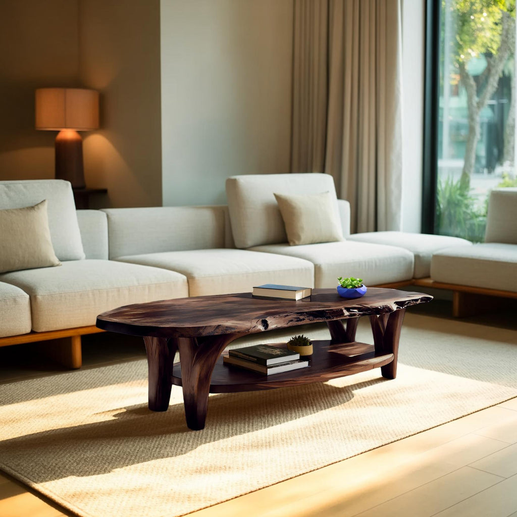 Modern Live Edge Wooden Coffee Table, Rustic Solid Wood Center Table for Living Room Decor, Model