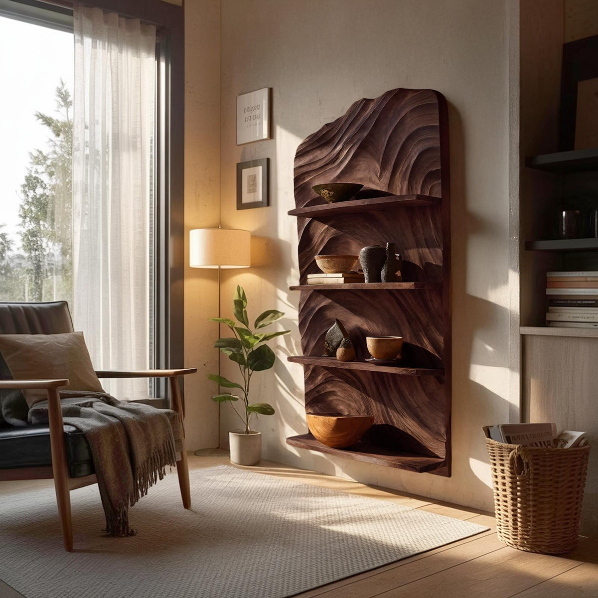 Rustic Handcrafted Wooden Wall Rack, Floating Entryway Storage Organizer & Coat Key Holder Shelf