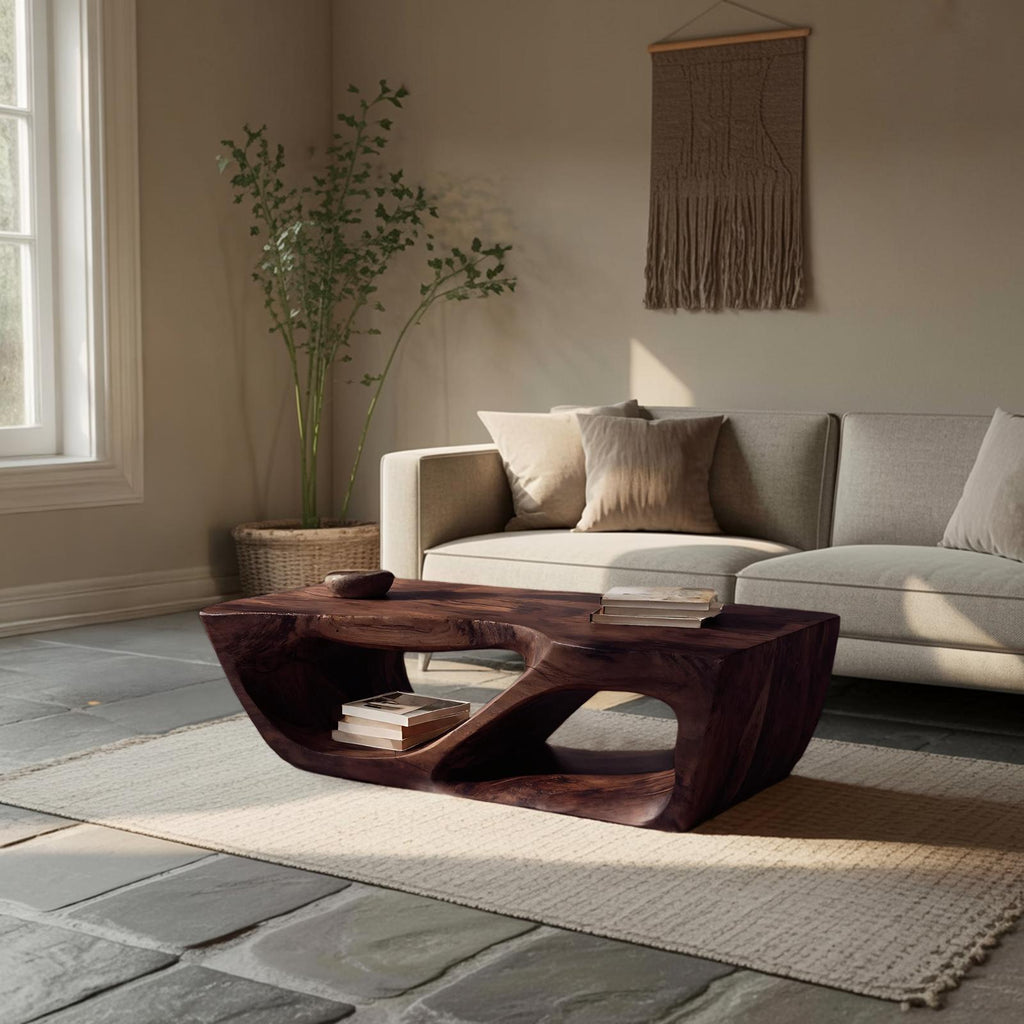 Modern Wooden Coffee Table with Curved Storage Shelf, Low Profile Minimalist Center Table for Living Room, Model
