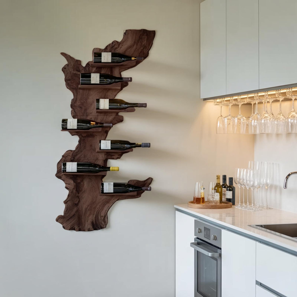Modern Live Edge Wooden Wine Holder, Handcrafted Solid Wood Bottle Rack for Living Room Decor