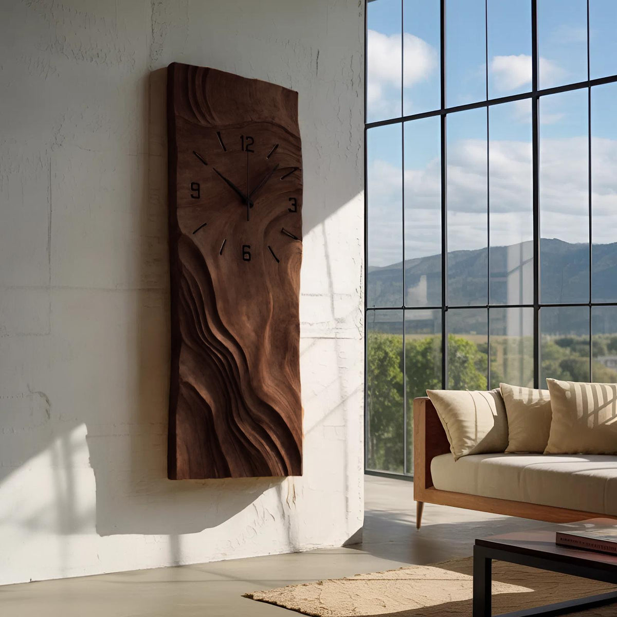 Organic Vertical Sculptural Wall Clock, Handcrafted Modern Wood Hanging Timepiece for Living Room