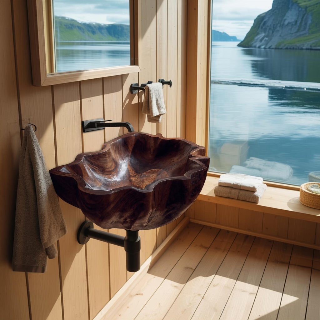 Mid Century Live Edge Wooden Vessel Sink, Rustic Solid Wood Bathroom Wash Basin for Vanity Top