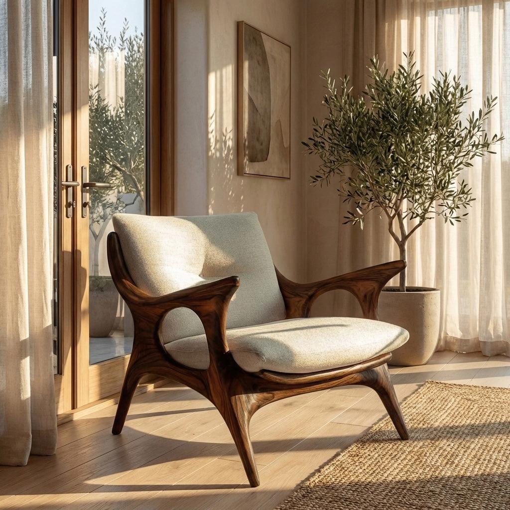 Minimalist Wooden Lounge Chair, Mid-Century Modern Solid Wood Accent Armchair for Living Room Interior, Model