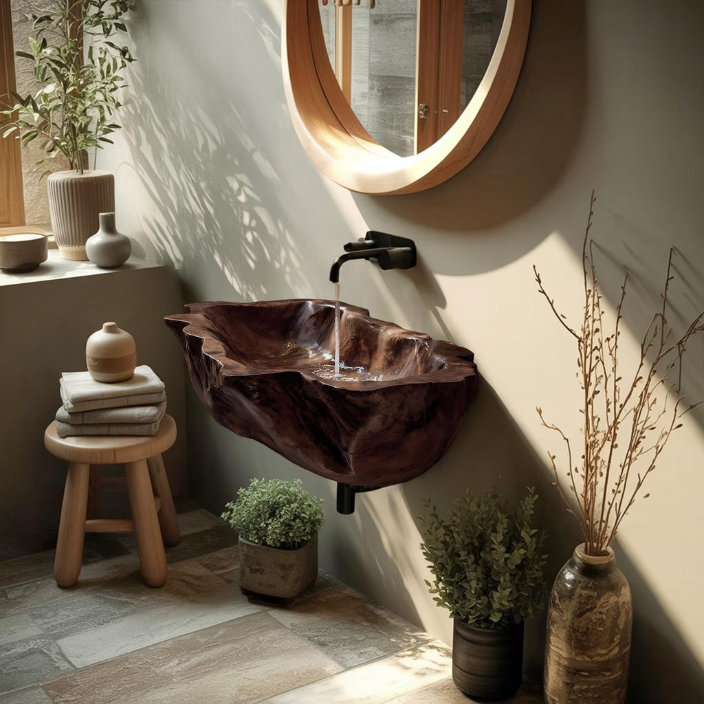 Farmhouse Solid Wood Vessel Sink, Rustic Natural Wooden Wash Basin for Bathroom & Vanity Faucet Decor