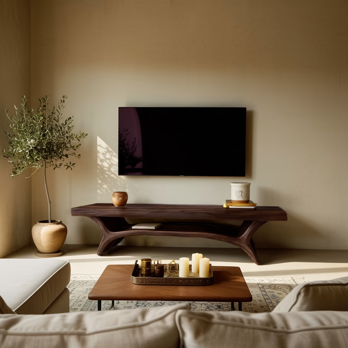 Architectural Wooden TV Stand with Open Storage Shelf, Mid-Century Modern Media Console for Living Room