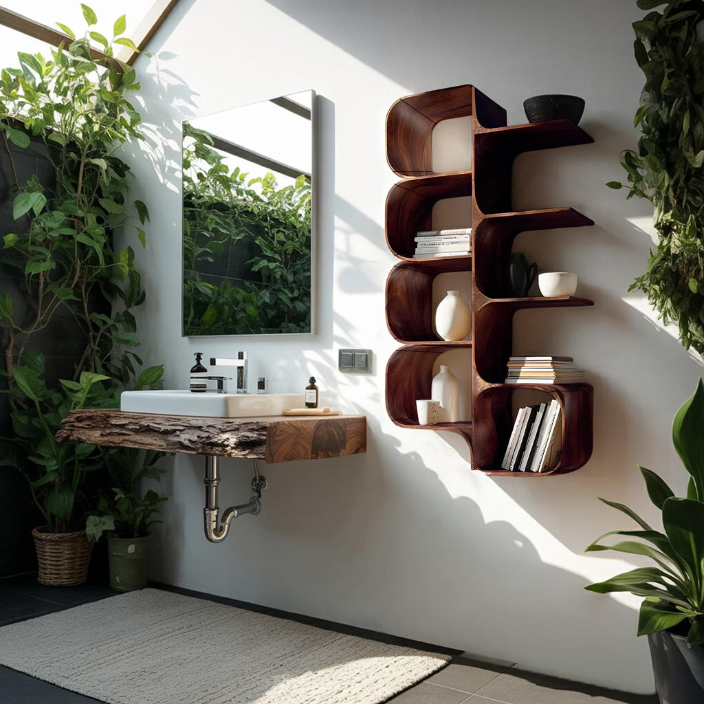 Minimalist Wooden Kitchen Floating Shelf, Handcrafted Solid Wood Wall Mount Dish Display Rack & Pantry Food Organizer