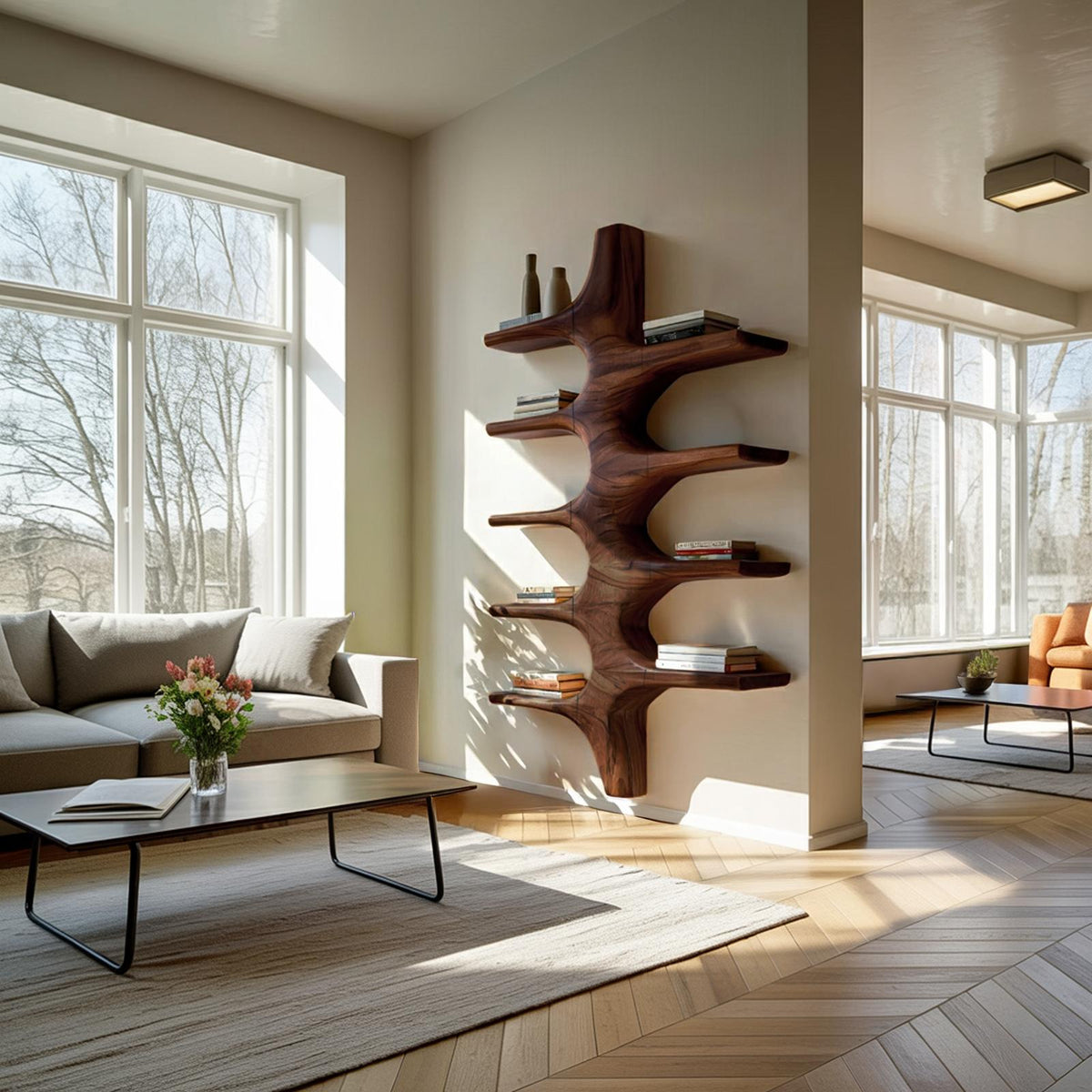 Sculptural Wood Wall Mounted Bookshelf, Handcrafted Floating Bookshelf for Modern Living Room & Bedroom Decor