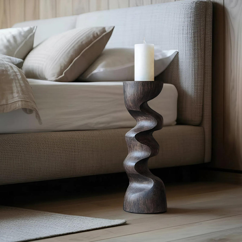 Rustic Wooden Candlestick Holder, Handcrafted Solid Wood Pillar Candle Stand for Bedroom Cozy Ambience Decor