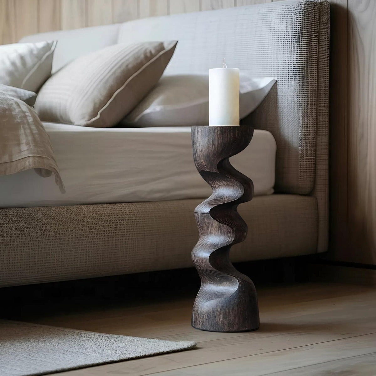 Rustic Wooden Candlestick Holder, Handcrafted Solid Wood Pillar Candle Stand for Bedroom Cozy Ambience Decor