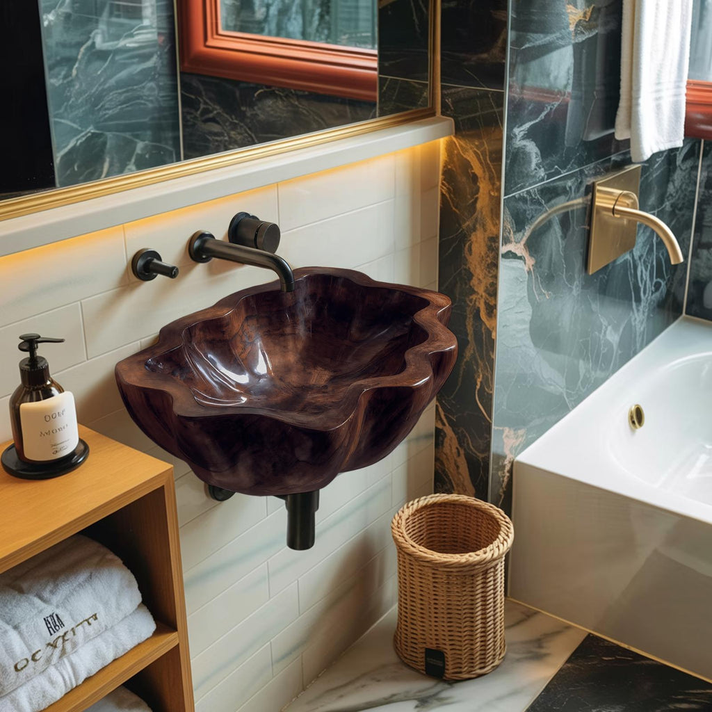 Handcrafted Solid Wood Vessel Sink, Artistic Wooden Bathroom Wash Basin for Vanity Countertops