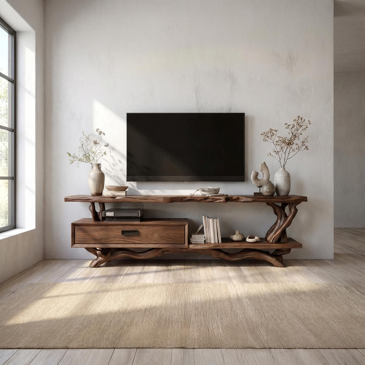 Rustic Live Edge Wood TV Cabinet, Natural Solid Slab Media Console, Low Profile Television Credenza for Living Room